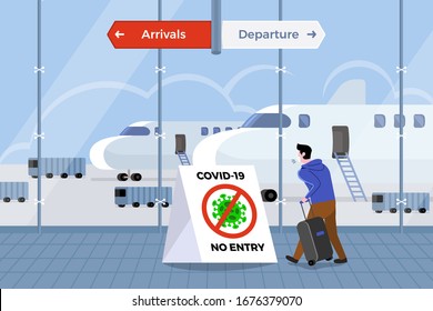 Illustrations concept coronavirus COVID-19. The airport prohibits passengers at risk from entering the country. Vector illustrate.