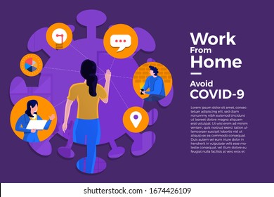 Illustrations concept coronavirus COVID-19. The company allows employees to work from home to avoid viruses. Vector illustrate.