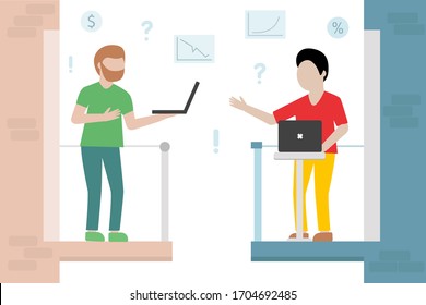 Illustrations concept coronavirus COVID-19. The company allows employees to work from home to avoid viruses. Two man working on their balconies. Laptop, discussion, money, diagrams and charts. Vector 
