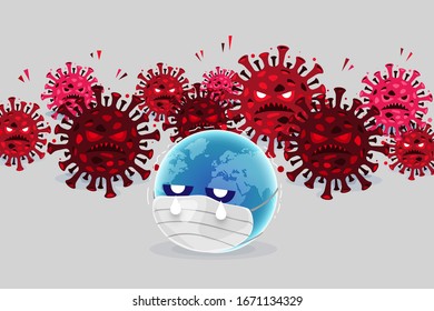 Illustrations concept coronavirus COVID-19. Globes wearing masks Being attacked by coronavirus . Vector illustrate.