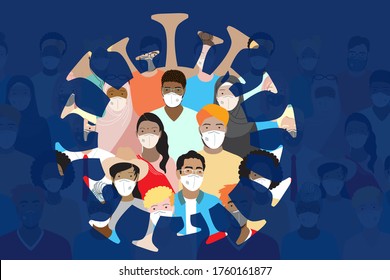 Illustrations Concept Coronavirus COVID-19 Pandemy Impact The World. Diverse People Wearing Medical Face Masks Stand Together, Virus Symbol. International Community,  Multiethnic Group. Flat Vector.