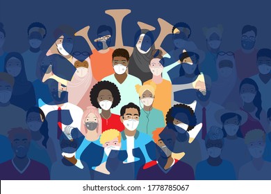 Illustrations Concept Coronavirus COVID-19 Pandemy Impact The World. Diverse People Wearing Medical Face Masks Stand Together, Virus Symbol. International Community,  Multiethnic Group. Flat Vector.