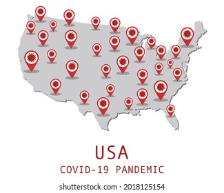 Illustrations concept COVID-19 pandemic in United States of America , infection spread around USA country map