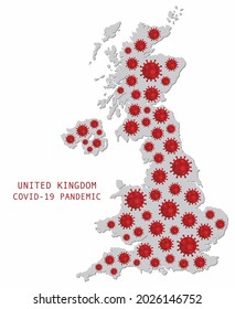 Concepto de ilustraciones de la pandemia COVID-19 en el Reino Unido, infección difundida por el mapa del país del Reino Unido