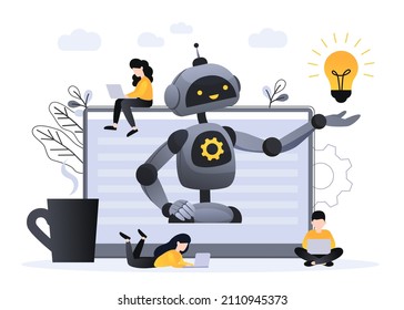Illustrations Concept customer and operator, online technical support 24-7 for web page. artificial intelligence AI. Technology working with smart brain computer and machine connecting device.