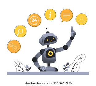 Illustrations Concept customer and operator, online technical support 24-7 for web page. artificial intelligence AI. Technology working with smart brain computer and machine connecting device.