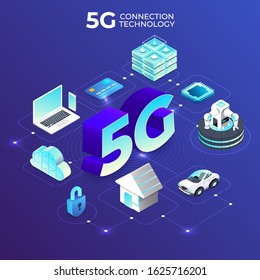 Illustrations concept design 5G technology Increase connection efficiency to internet of things and device with highspeed. Vector illustrate.
