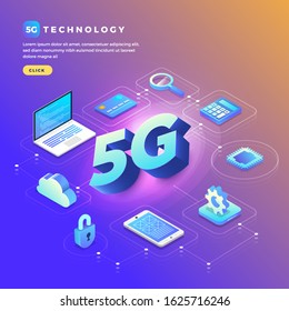 Illustrations concept design 5G technology Increase connection efficiency to internet of things and device with highspeed. Vector illustrate.