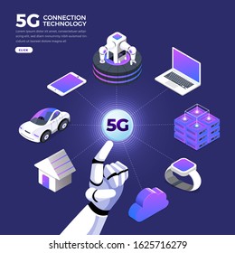 Illustrations concept design 5G technology Increase connection efficiency to internet of things and device with highspeed. Vector illustrate.