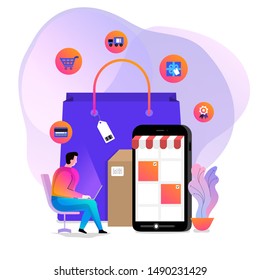 Illustrations concept design online shopping. Shopper use internet device buy product e-commerce. Vector illustrate.