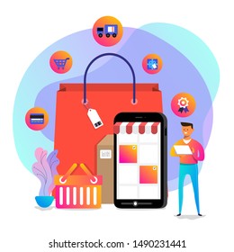 Illustrations concept design online shopping. Shopper use internet device buy product e-commerce. Vector illustrate.