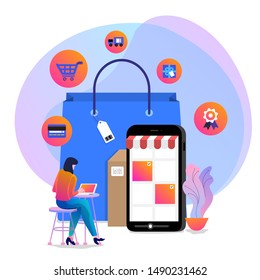 Illustrations concept design online shopping. Shopper use internet device buy product e-commerce. Vector illustrate.