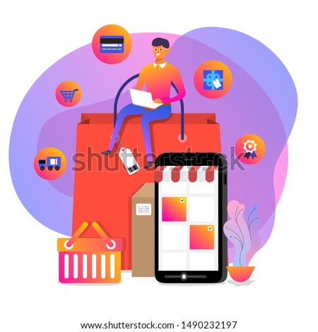 Illustrations concept design online shopping. Shopper use internet device buy product e-commerce. Vector illustrate.