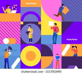 Illustrations Concept Design People Teamwork Building Project Together By Arranging Abstract Geometric Shapes. Modern Flat Cartoon Vector Illustration. - Vector.