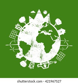 Illustrations of concept earth with icons of ecology, environment, green energy. Vector 