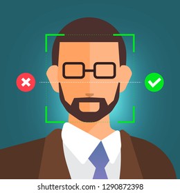 Illustrations concept facial recognition technology present with portrait closeup to face of human for scan. Design for banner website publisher or magazine. Vector illustrate.