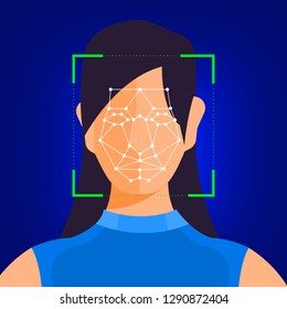 Illustrations concept facial recognition technology present with portrait closeup to face of human for scan. Design for banner website publisher or magazine. Vector illustrate.