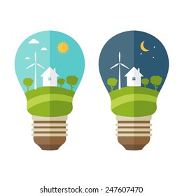 Illustrations concept  of lamp with icons of ecology, environment, green energy. Vector 