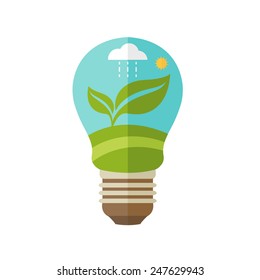 Illustrations concept  of lamp with icons of ecology, environment, green energy. Vector 
