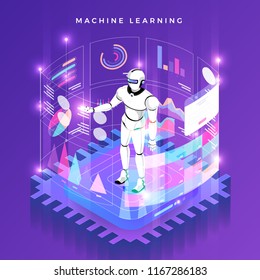 Illustrations concept machine learning via artificial intelligence with technology analysis data and knowledge . Vector isometric  illustrate.