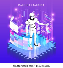 Illustrations concept machine learning via artificial intelligence with technology analysis data and knowledge . Vector isometric  illustrate.