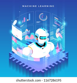 Illustrations concept machine learning via artificial intelligence with technology analysis data and knowledge . Vector isometric  illustrate.