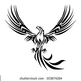 illustrations of a concept myth bird phoenix rising from the ashes tattoo on isolated white background