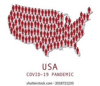 Illustrations concept red people symbols in shape of map of United States of America , COVID-19 pandemic in USA , infection spread around USA country map