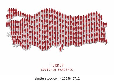 Illustrations concept red people symbols in shape of map of Turkey , COVID-19 pandemic in Turkey , infection spread around Turkey country map