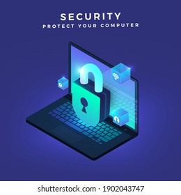 Illustrations concept security computer.Icon key lock 3d. Isometric vector graphic.