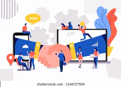 Illustrations Concept Small People Creating Value Of Partner Business. Via Handshake Deal Between Company. Vector Illustrate.
