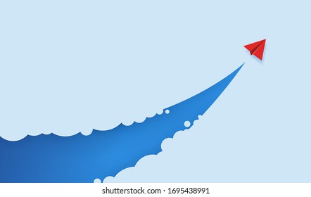 Illustrations concept startup. Red paper rocket up to sky. Vector illustrate.