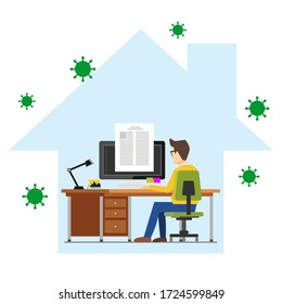 Illustrations concept of student studying working from home to avoid viruses. Learning at home to prevent virus infection