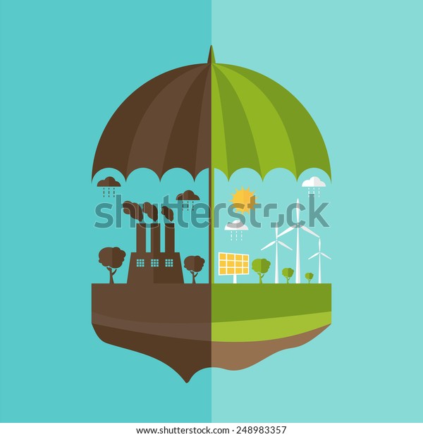 Illustrations concept of umbrella\
and earth with icons of ecology, environment, green energy. Vector\
