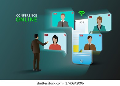 Illustrations concept video conference on night. online meeting on mobile phone. Live meeting online. Social media.