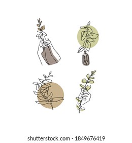 
Ыet of illustrations of contours of hands and plants. Doodle trendy posters, vector set. Illustration contemporary continuous minimalist image. 