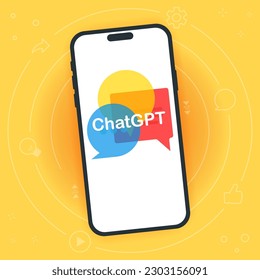 Illustrations of the conversation method Chat GPT 4. Chatbot with artificial intelligence. The AI chatbot answered questions on the phone screen. Vector illustration.