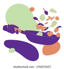 Illustrations of cooking concept. Stir frying food with a high heat pan.