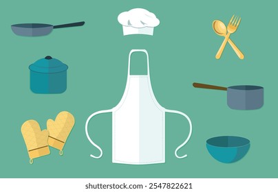 Illustrations of cooking utensils including a spoon, fork, pot, pan, bowl, oven mitts, chef hat and apron