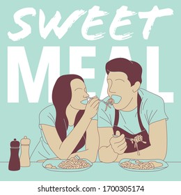 Illustrations of couple eating pasta in the kitchen