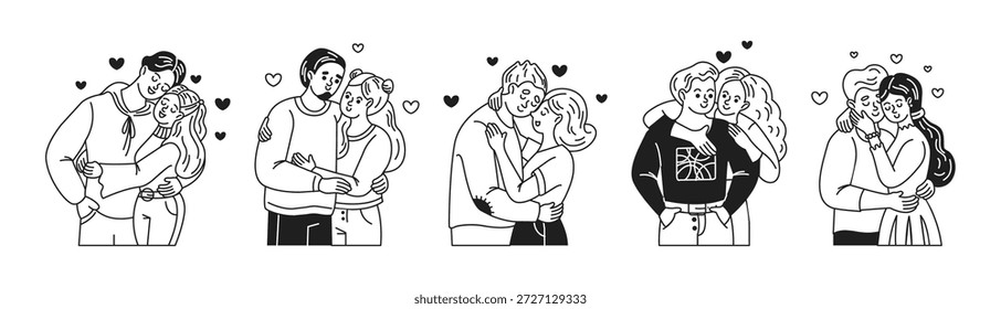 Illustrations of couples showing affection in minimalist black and white line art. Set against a clean background with heart accents. Captures romance and connection.