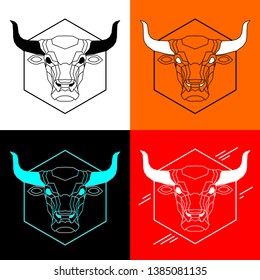 illustrations of a cow or bull head in various color combinations . the geometric head of a bull. Isolated Flat Illustration