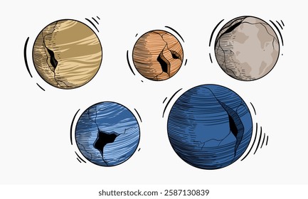 An illustrations of cracked spherical celestial bodies of varying colors and sizes, seemingly rotating in space.