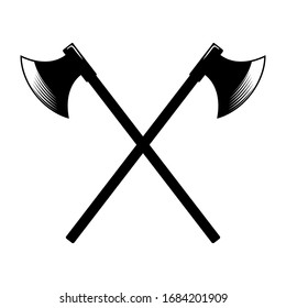 Illustrations of crossed ancient hatchets in engraving style. Design element for logo, label, emblem, sign. Vector illustration