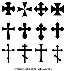 Illustrations of crosses different geometric forms. Black Silhouettes of crosses: Catholic, Orthodox, Christian, Celtic, pagan. Symbols of different religions, crosses for the grave. White background.