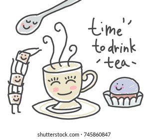 Illustrations of a cup of tea, sugar and a cake with the inscription: "time to drink tea".