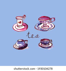 Ilustraciones tazas de taza de café té vintage
