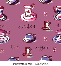 Illustrations cups of coffee cup tea vintage