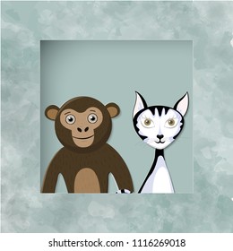 Illustrations of cute animal heads. Smiling animals. Children cartoons. cat, monkey paper cut watercolor