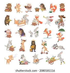 Illustrations of cute animals in cartoon style doing different activities.